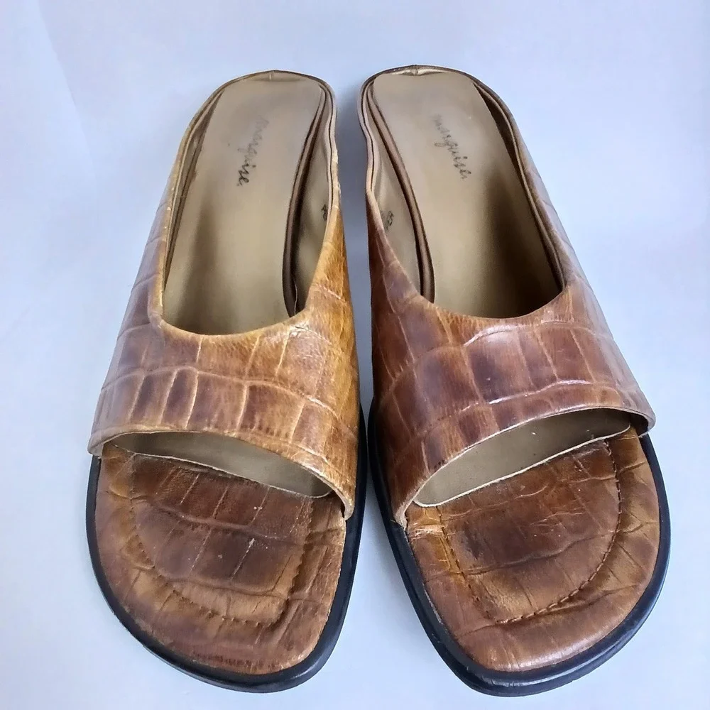 Marquise Pepper Women 8.5B Brown Croc Embossed Leather Mule Heels 90s Minimalist